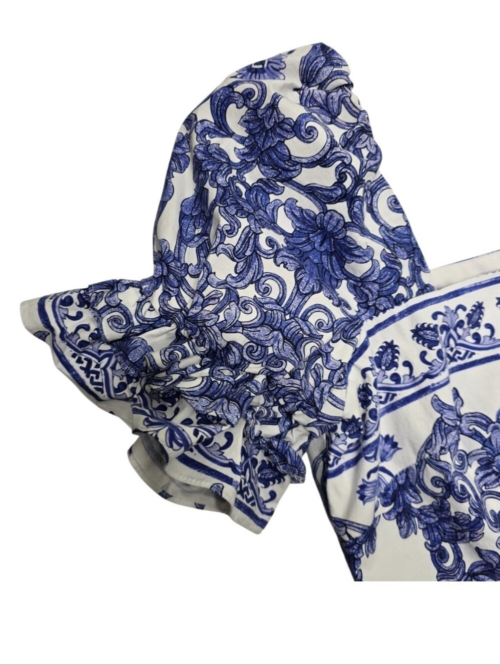 Old Money Porcelain Print Puff Sleeve Square Neck Blouse Blue White Sz 12 - Picture 5 of 9